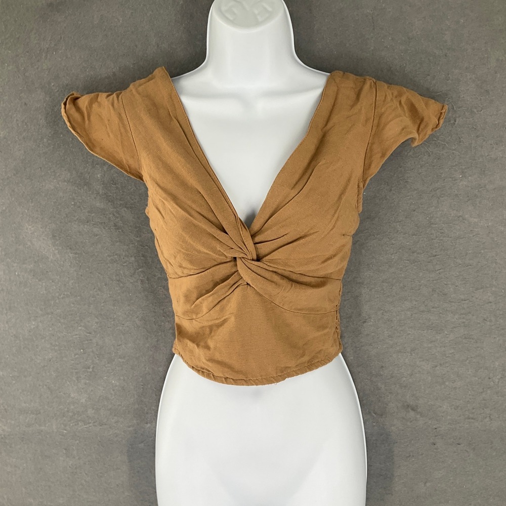 Japna Brown Twist Front Smocked Back Crop Top Womens Sz‎ S Boho Festival